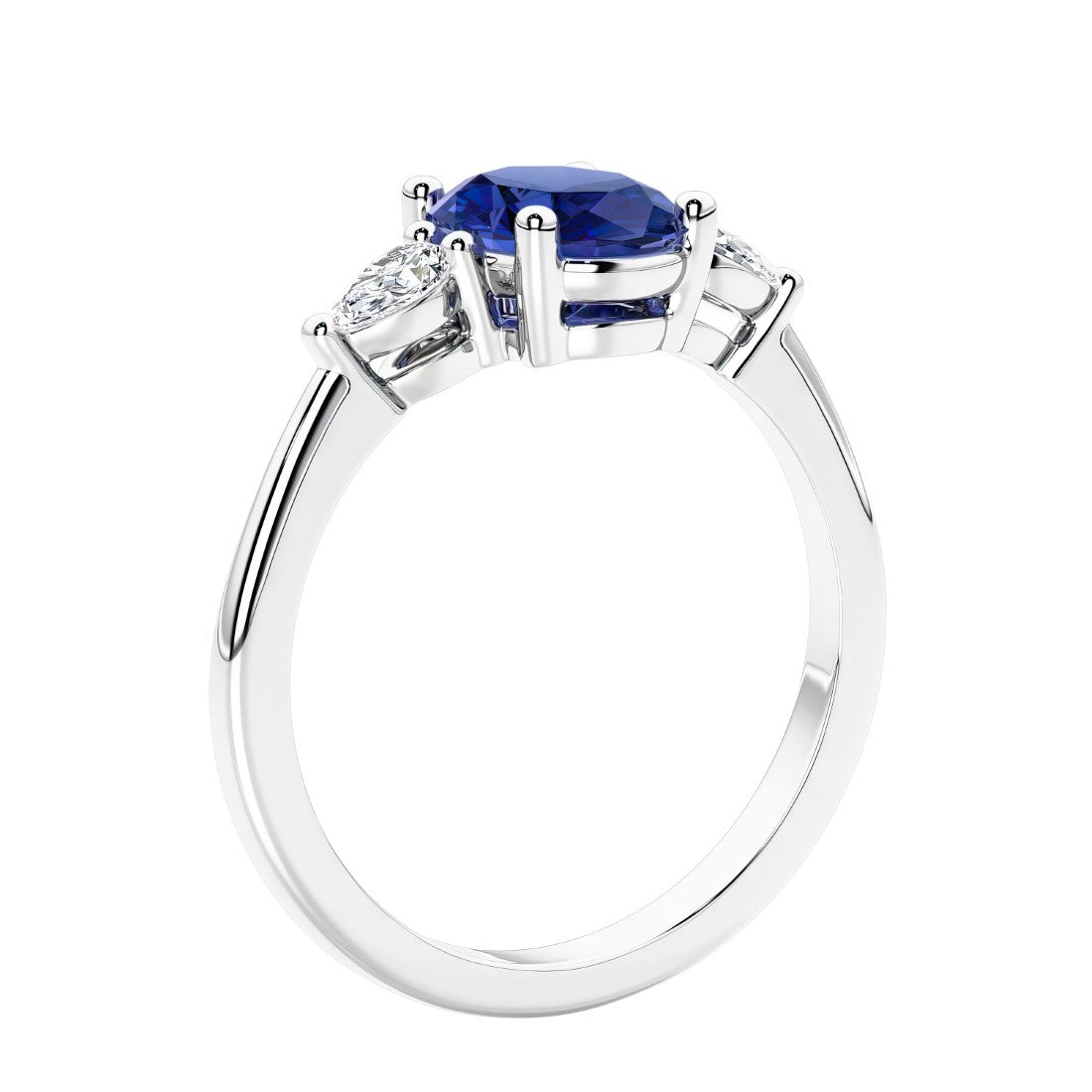 Oval cut three stone real blue sapphire and diamond engagement ring with romantic charm.