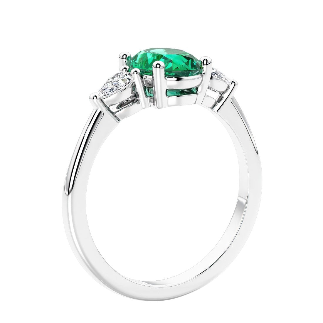 Oval cut three stone real colombian emerald and diamond engagement ring with romantic charm.