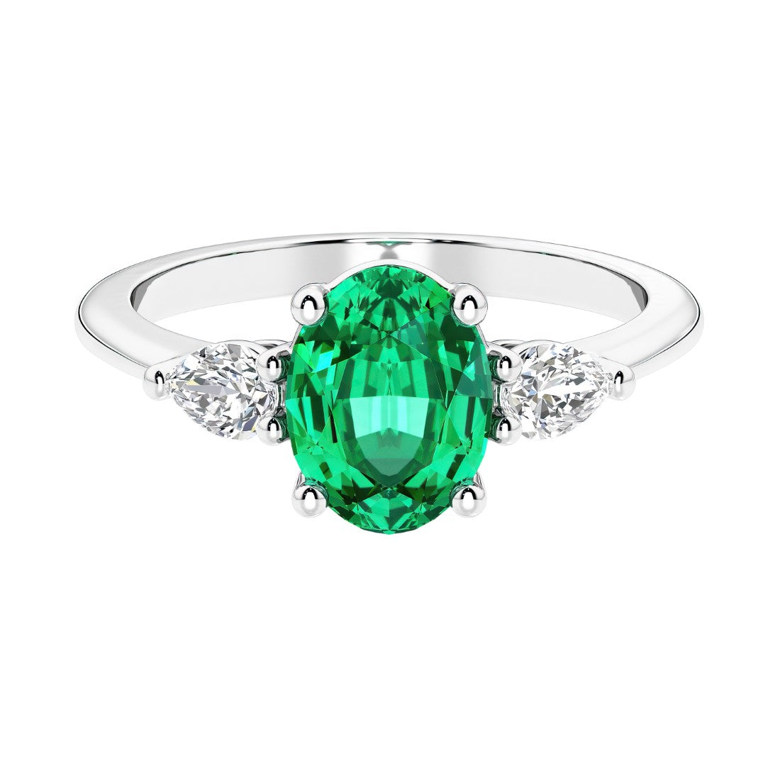 Three stone oval and pear shaped real colombian emerald and diamond ring in classic design.
