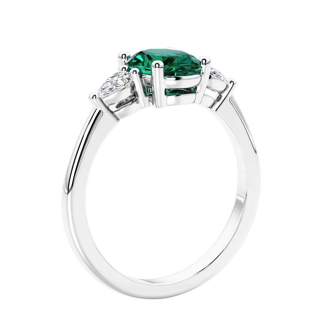 Oval cut three stone real green emerald and diamond engagement ring with romantic charm.