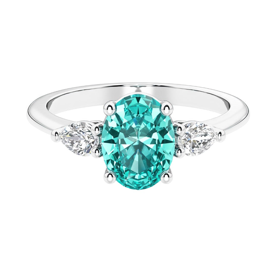 Three stone oval and pear shaped real paraiba green tourmaline and diamond ring in classic design.