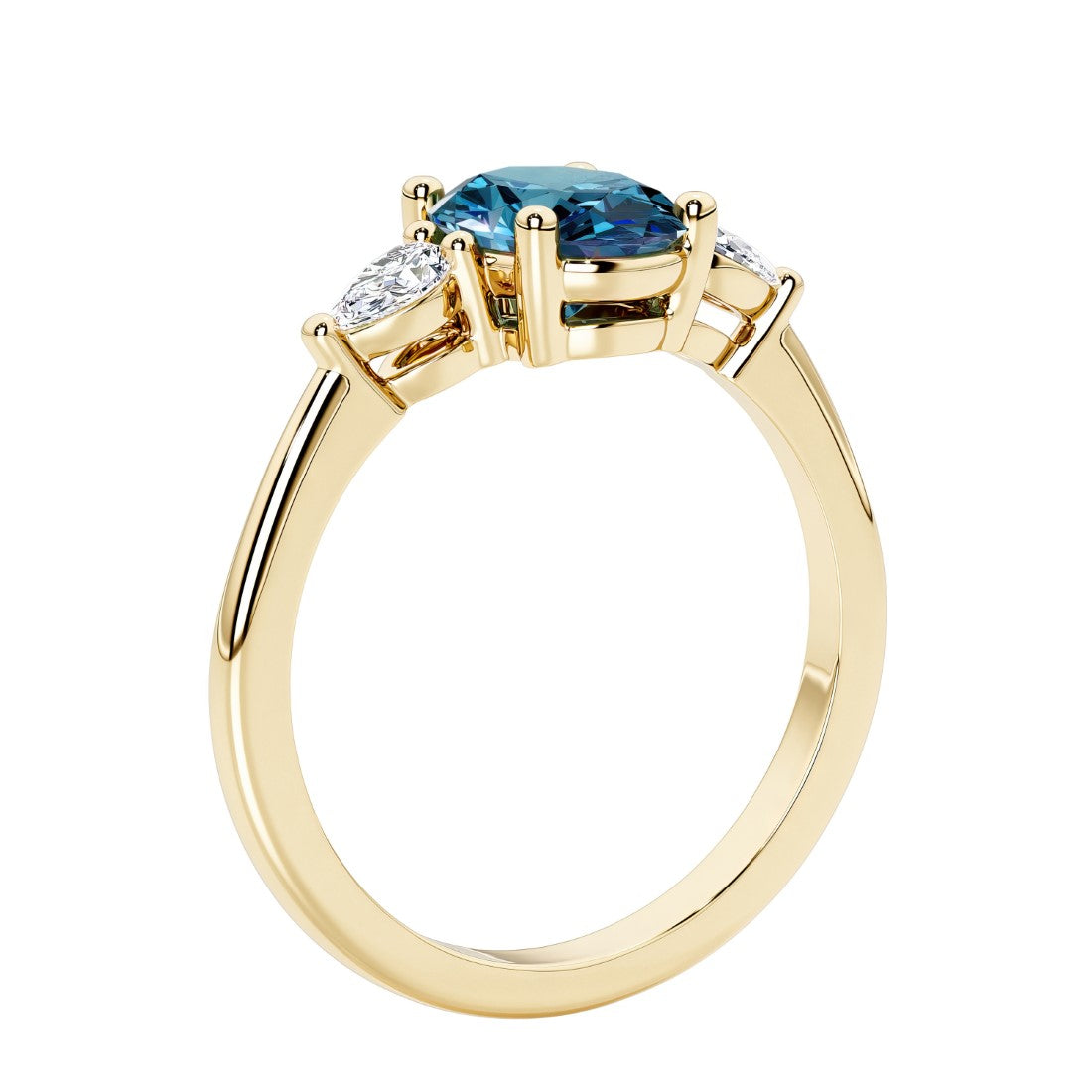 3 stone wedding ring with oval center gemstone and pear shape diamond side stones.