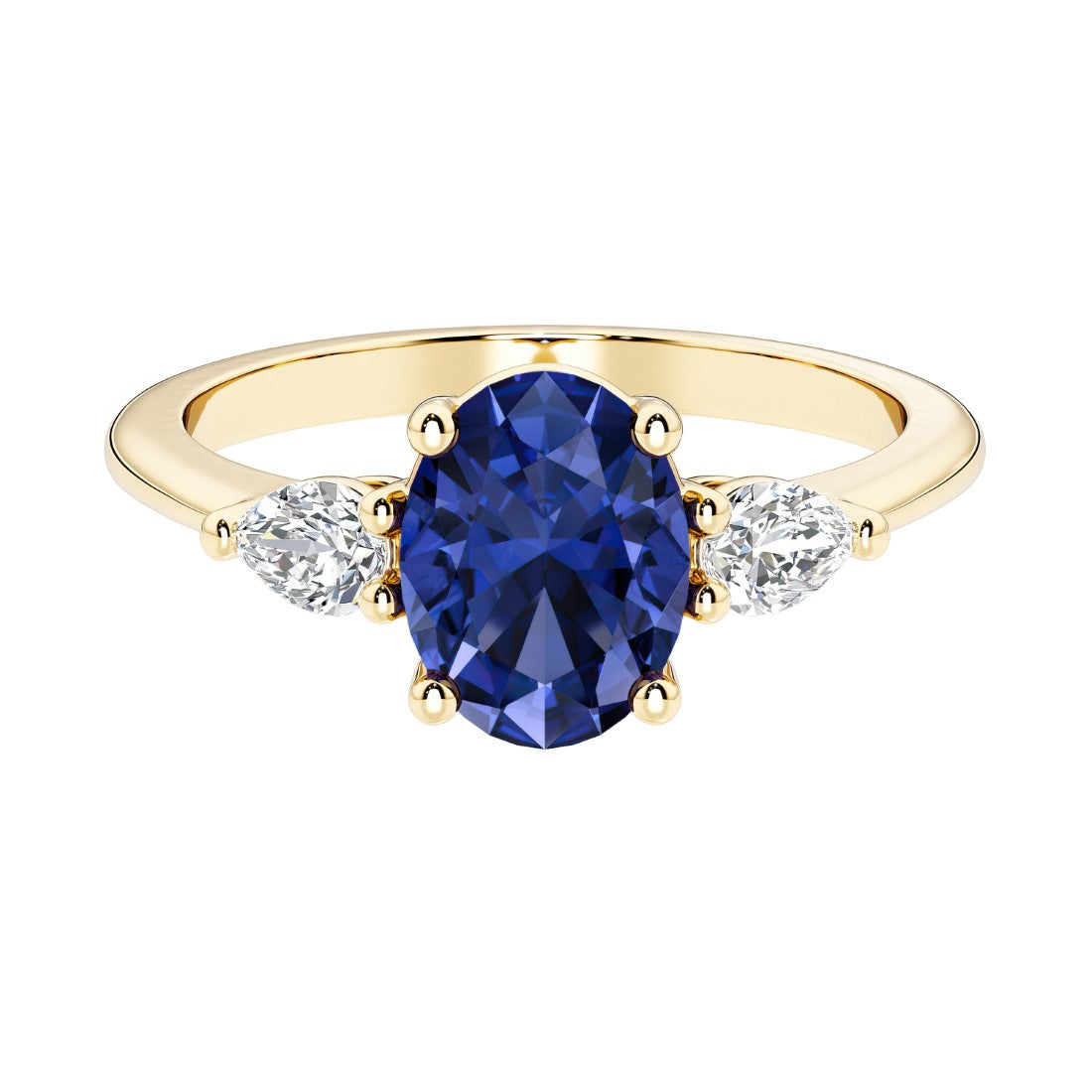 Oval and pear shape 3 stone engagement ring with blue sapphire and brilliant diamond side stones.
