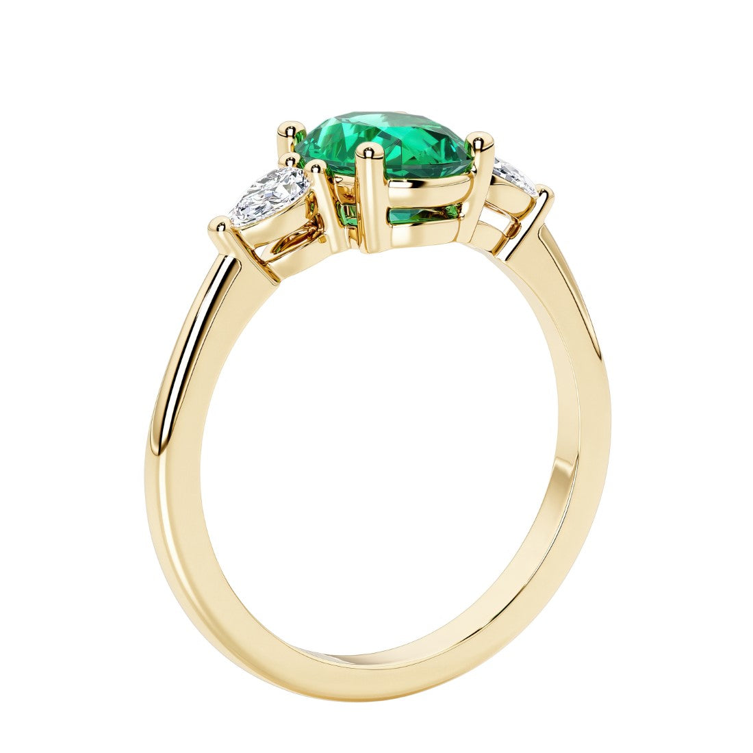3 stone wedding ring with oval center gemstone and pear shape diamond side stones.
