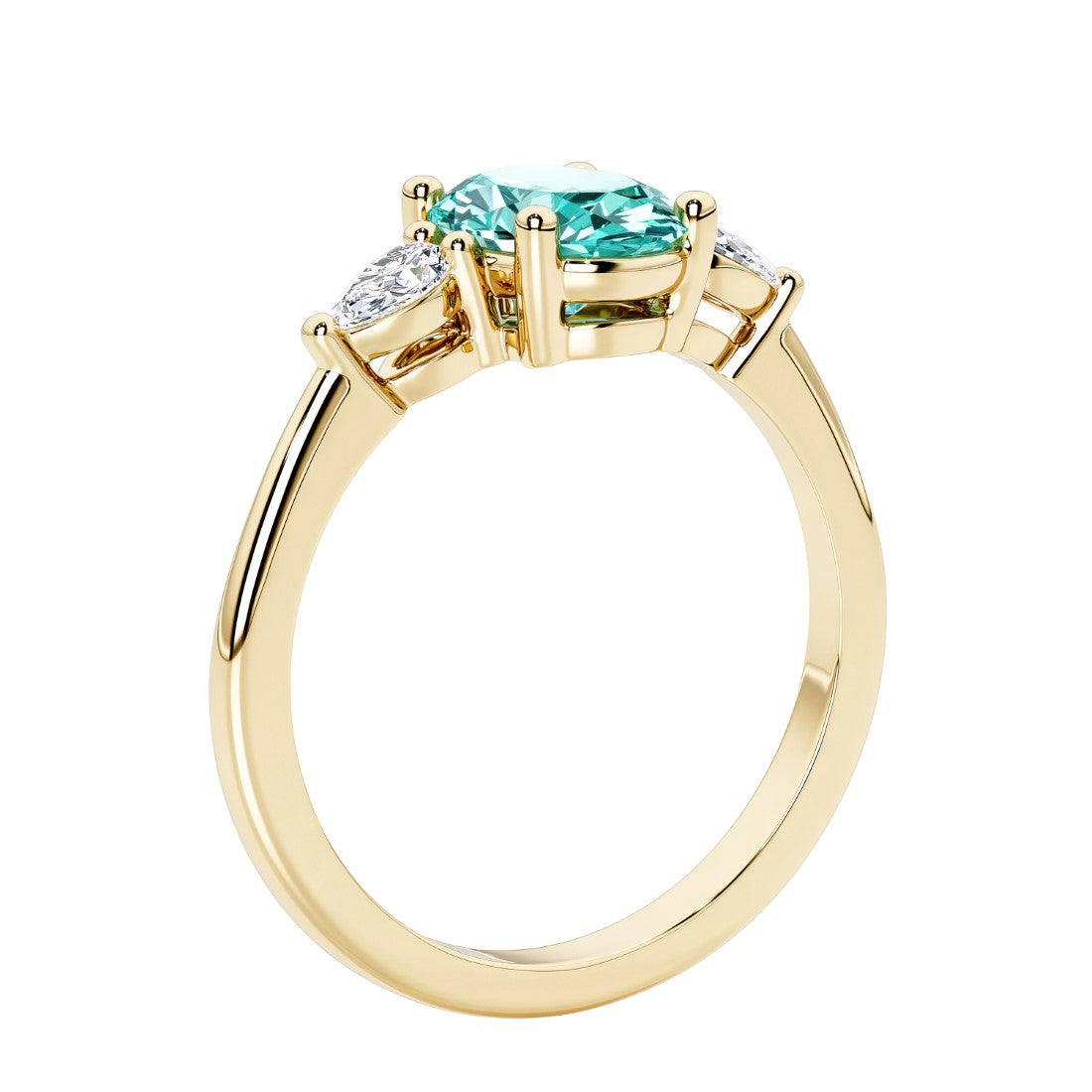 3 stone wedding ring with oval center gemstone and pear shape diamond side stones.