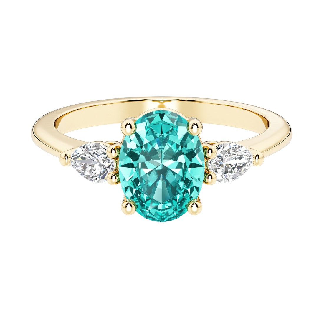 Oval and pear shape 3 stone engagement ring with paraiba tourmaline and brilliant diamond side stones.