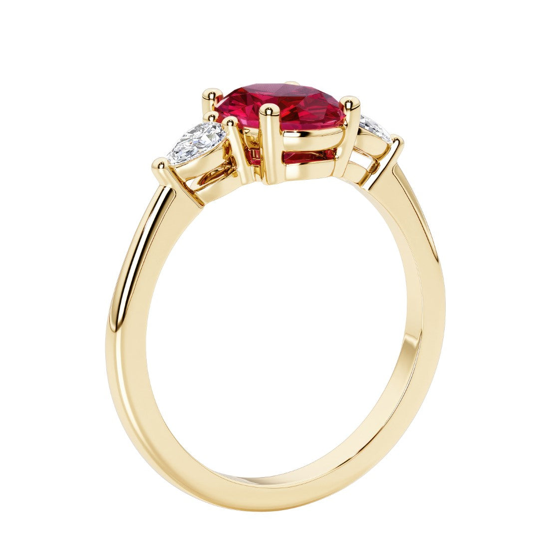 3 stone wedding ring with oval center gemstone and pear shape diamond side stones.