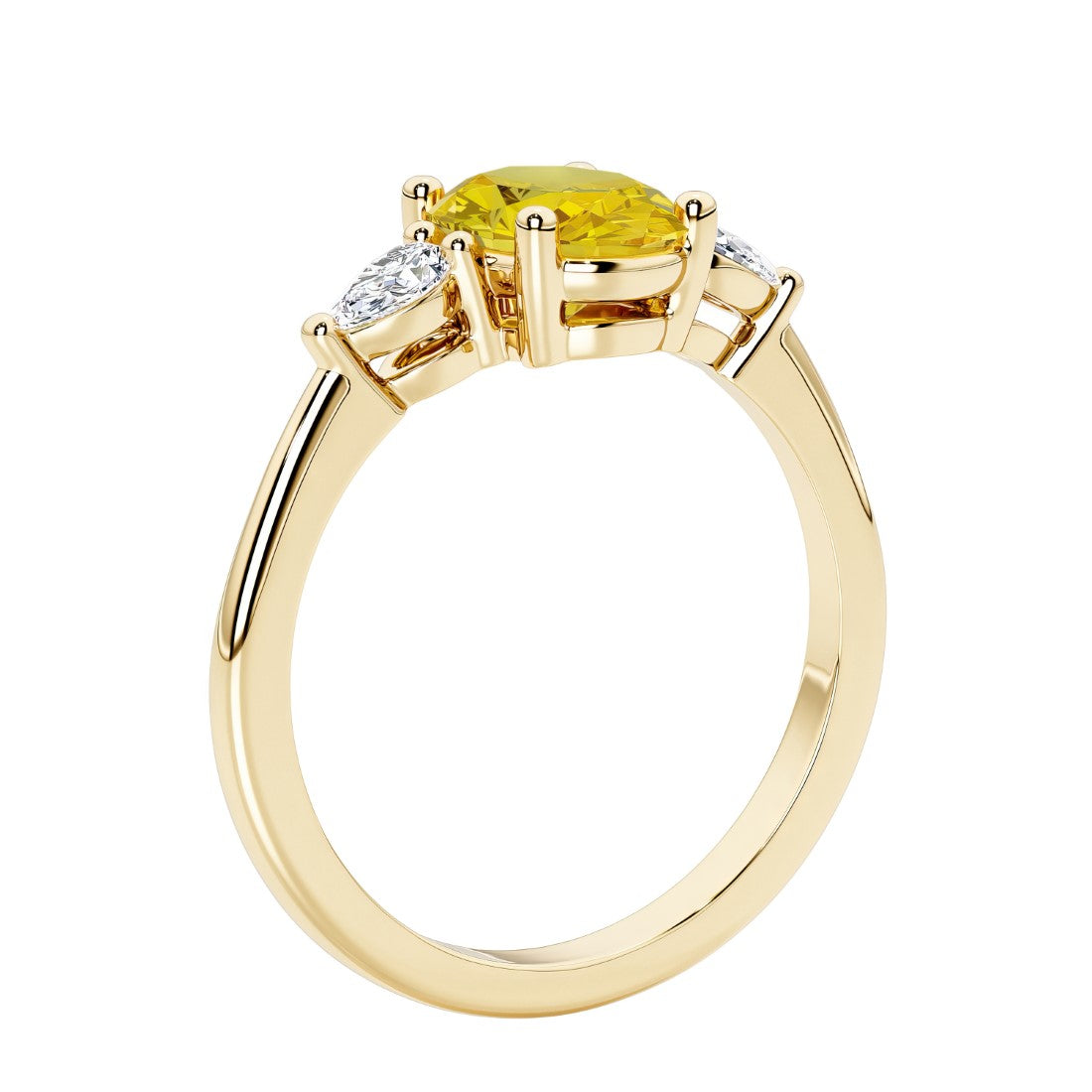 3 stone wedding ring with oval center gemstone and pear shape diamond side stones.
