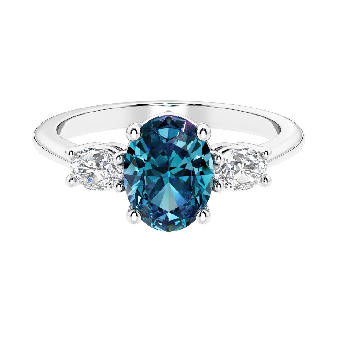 Three stone oval cut diamond ring in classic design featuring alexandrite center.