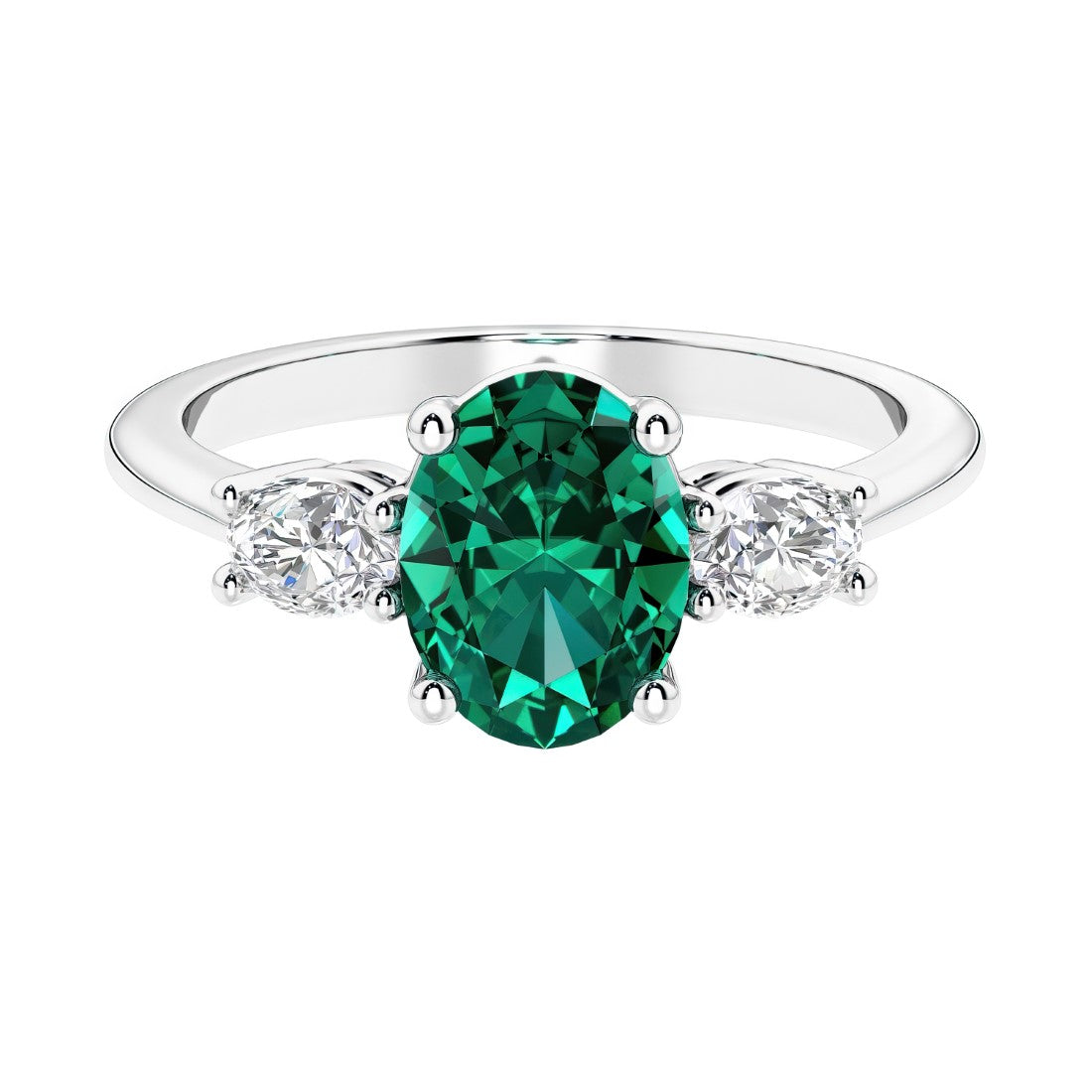 Three stone oval cut diamond ring in classic design featuring emerald center.