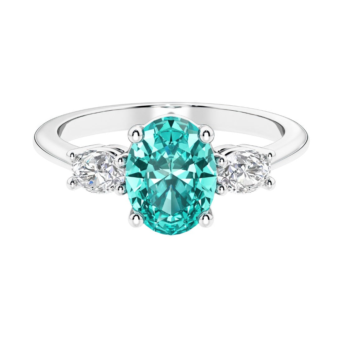 Three stone oval cut diamond ring in classic design featuring paraiba tourmaline center.