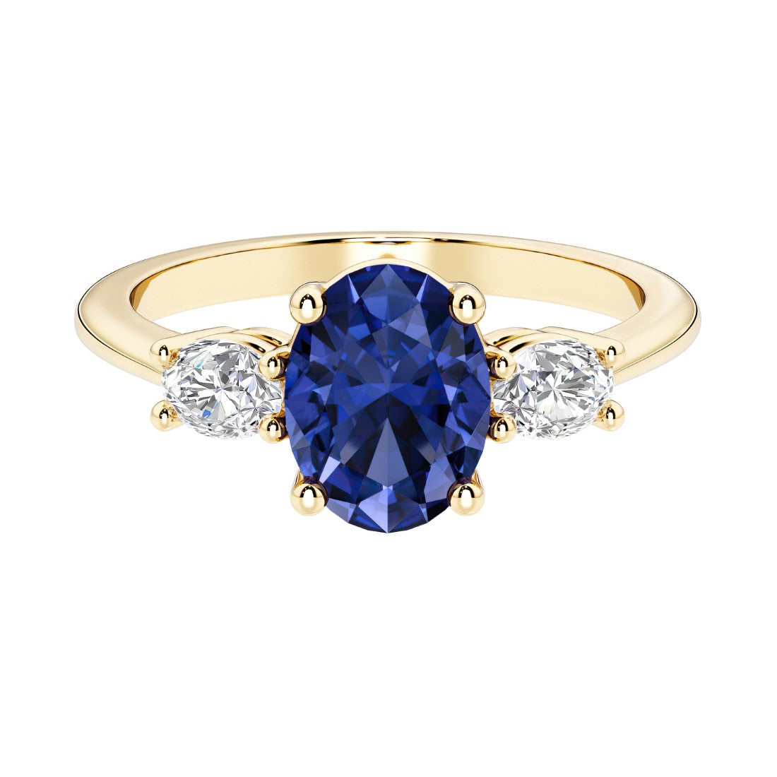 Oval 3 stone engagement ring with real blue sapphire and brilliant diamond side stones.