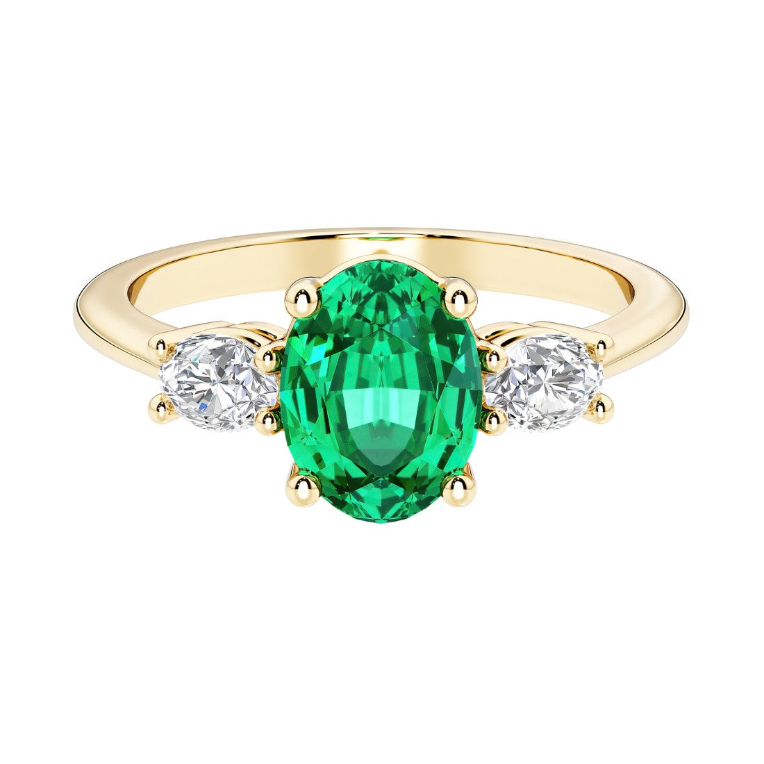 Oval 3 stone engagement ring with real colombian emerald and brilliant diamond side stones.