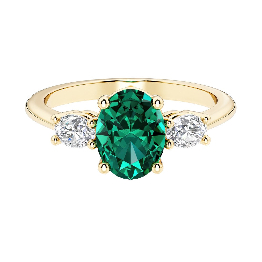 Oval 3 stone engagement ring with real emerald and brilliant diamond side stones.
