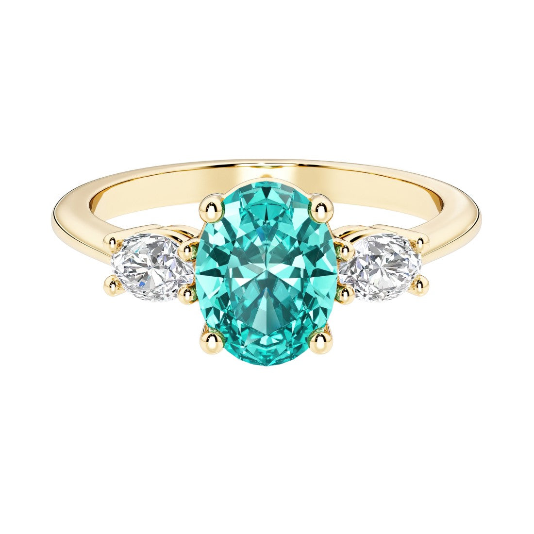 Oval 3 stone engagement ring with real paraiba tourmaline and brilliant diamond side stones.