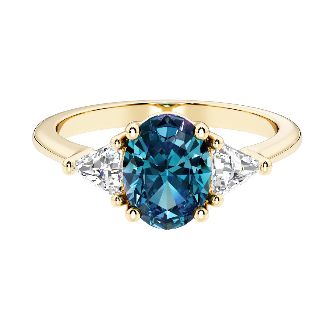 Oval cut three stone diamond engagement ring with romantic charm with gemstone center 14k yellow gold