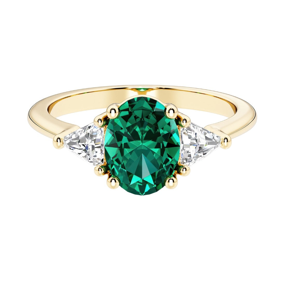 Oval cut three stone diamond engagement ring with romantic charm with green gemstone center 14k yellow gold