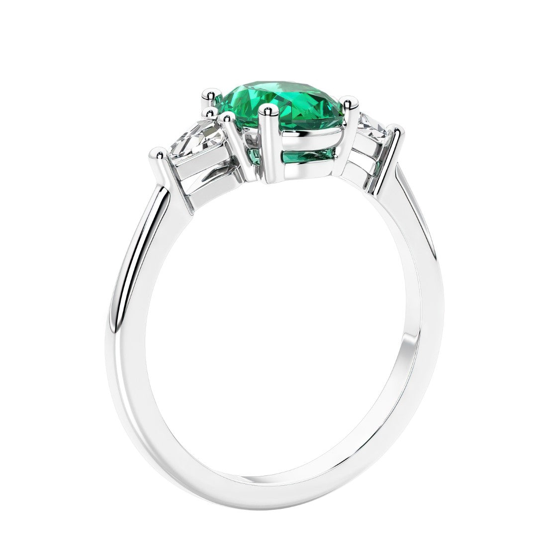 3 stone oval ring with gemstone and diamonds in sleek white gold.