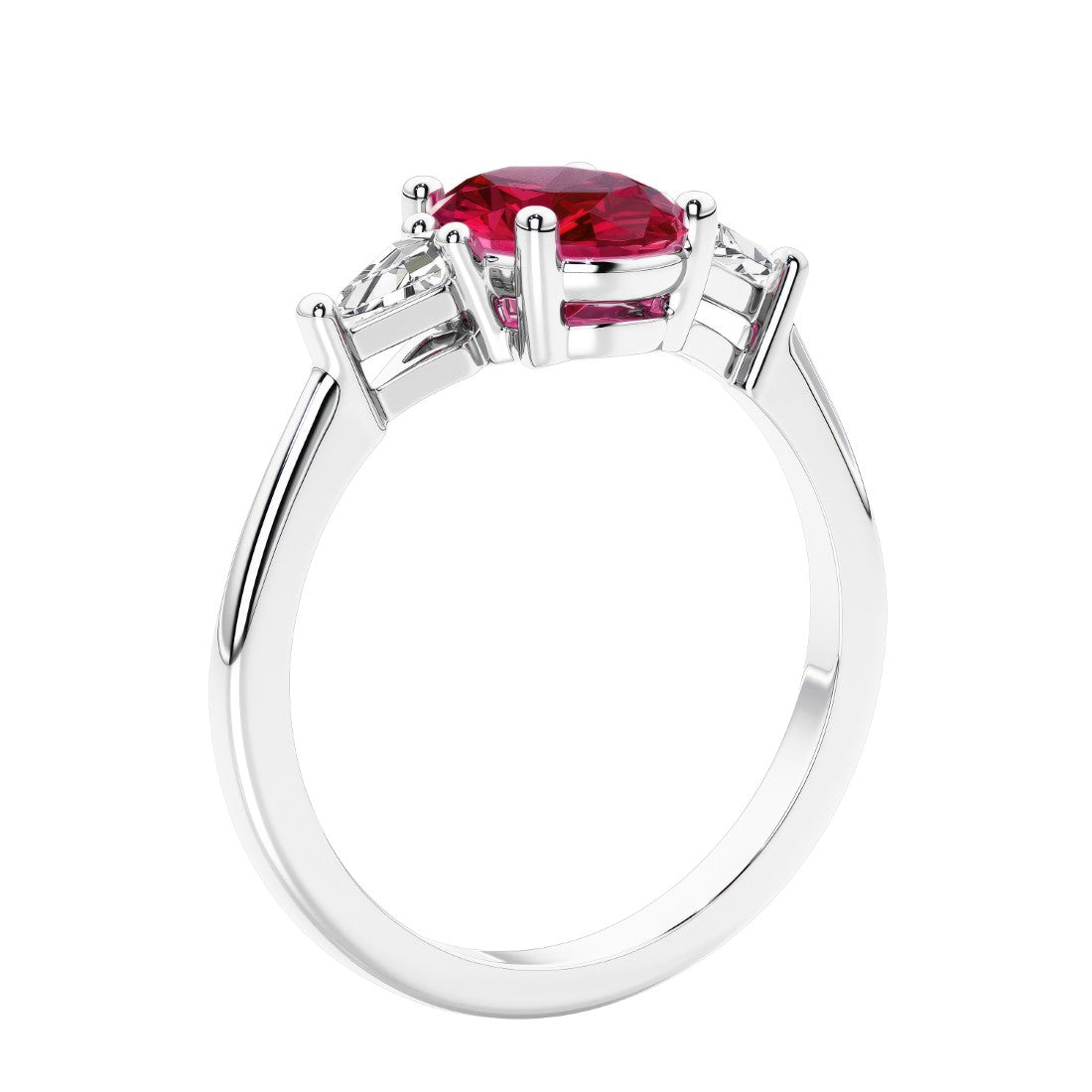 3 stone oval ring with gemstone and diamonds in sleek white gold.