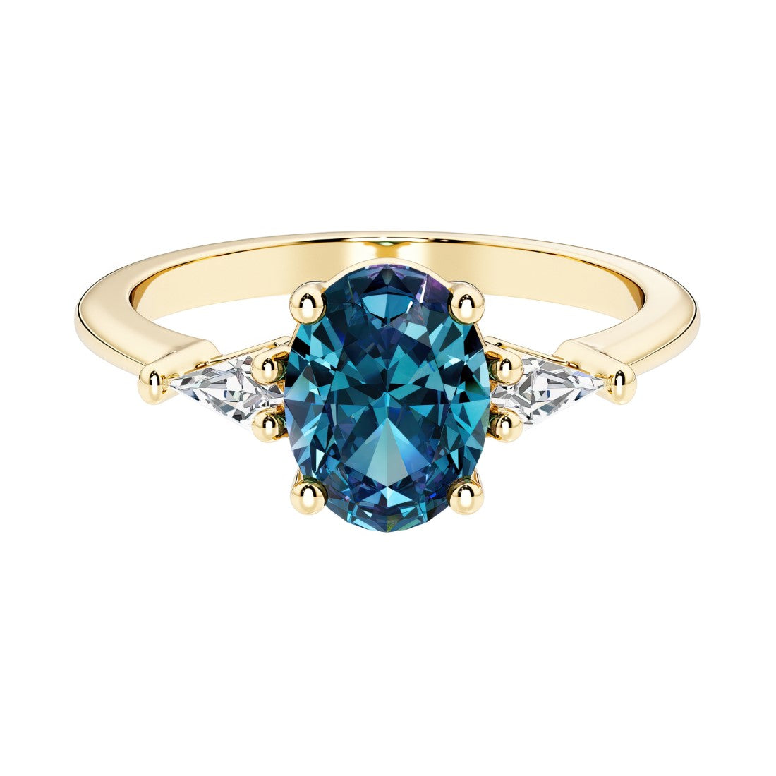 Oval cut three stone alexandrite engagement ring with diamonds set yellow gold.