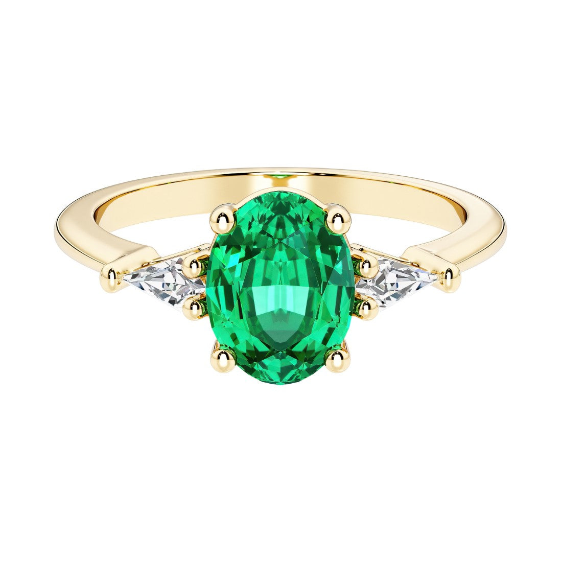 Oval cut three stone alexandrite engagement ring with diamonds set yellow gold.