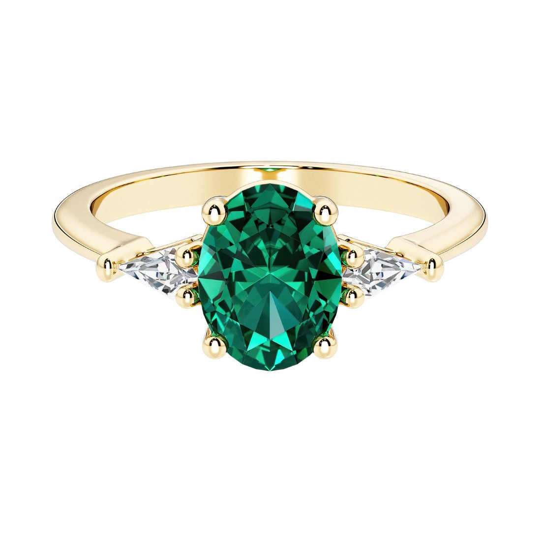 Oval cut three stone emerald engagement ring with diamonds set yellow gold.