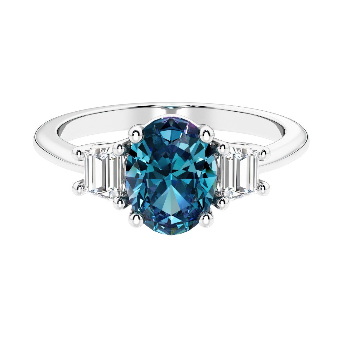 Oval cut three stone diamond engagement ring with romantic charm.