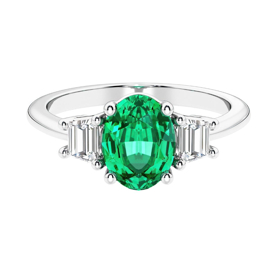 Oval cut three stone diamond engagement ring with romantic charm.