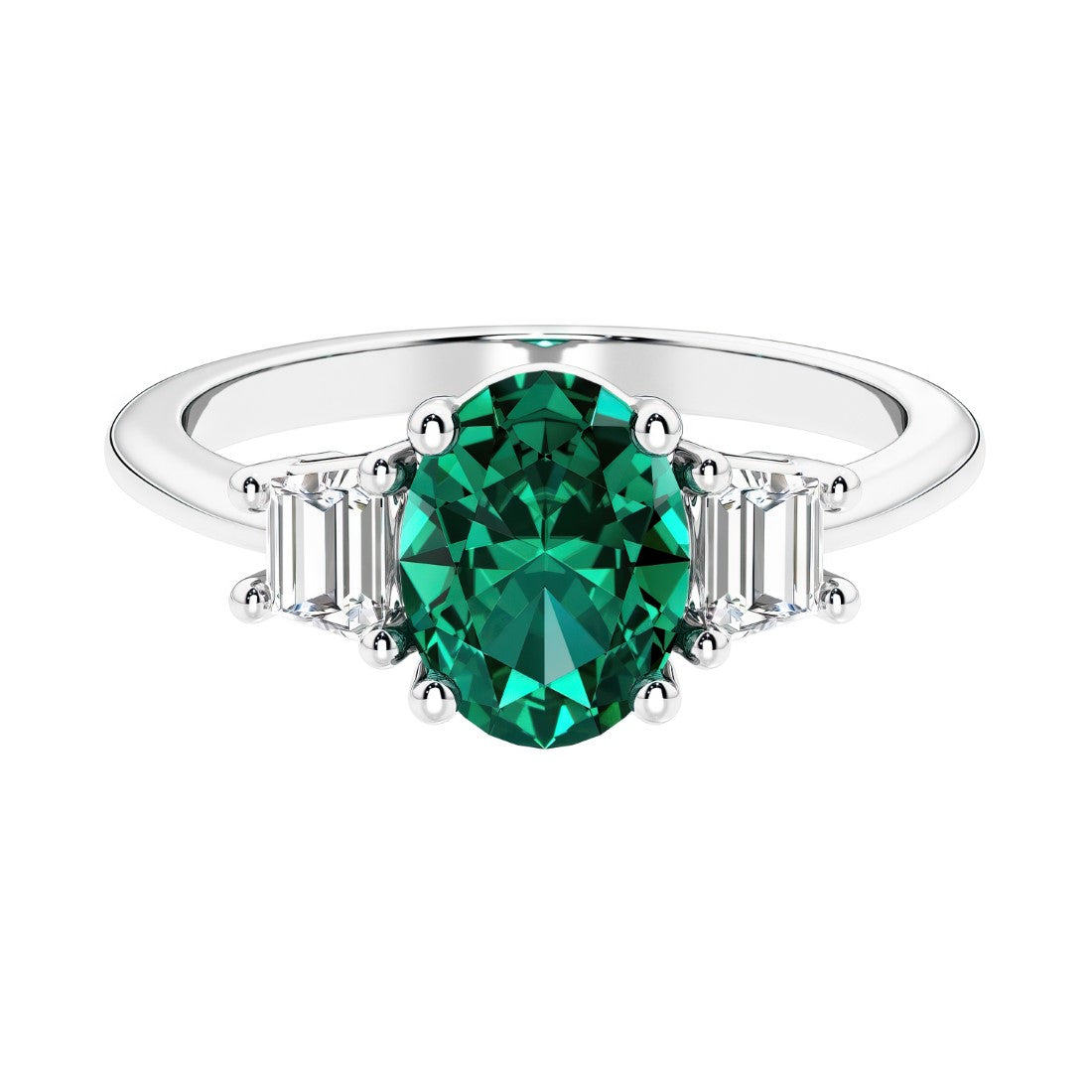 Oval cut three stone diamond engagement ring with romantic charm.