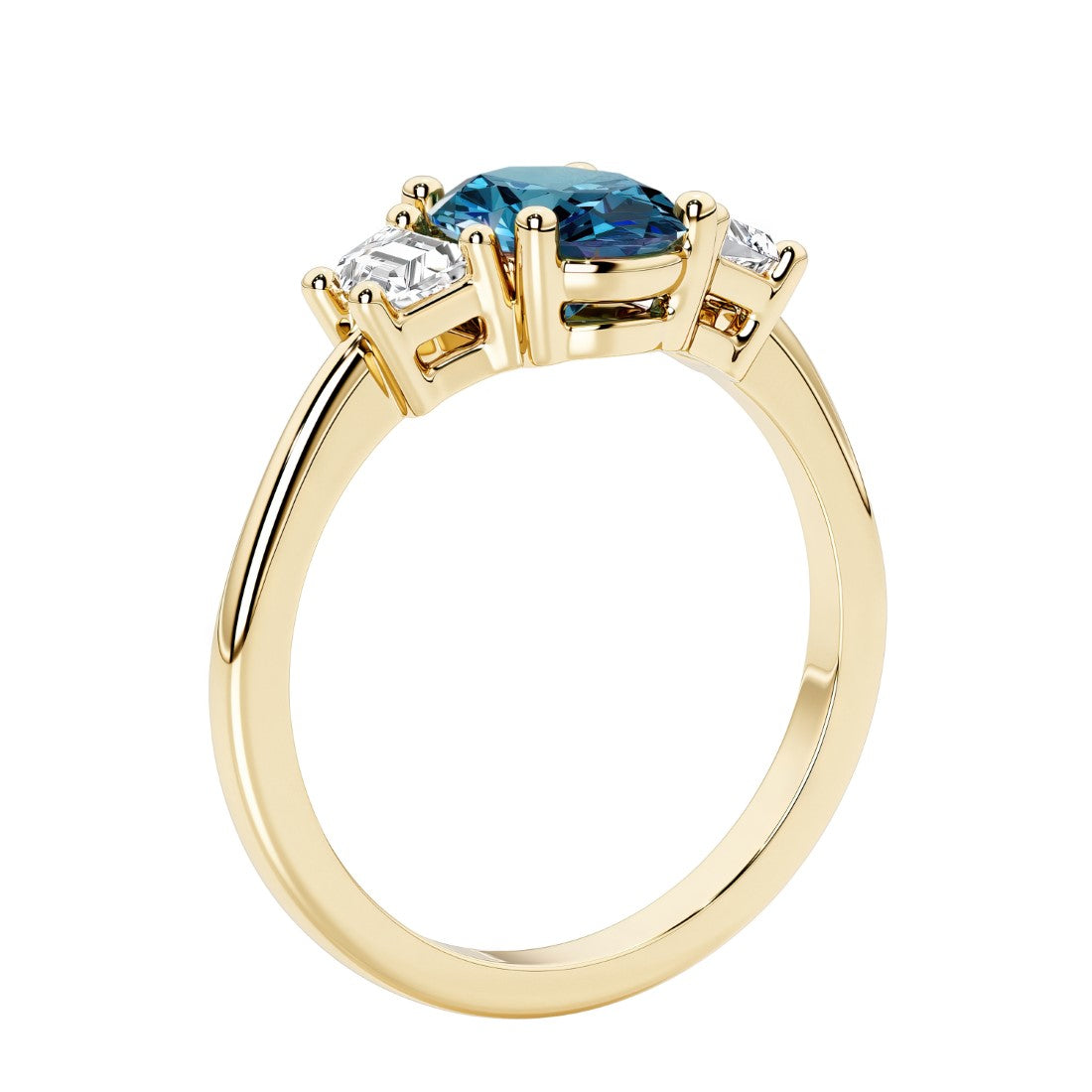3 stone wedding ring with oval center gemstone and diamond side stones.