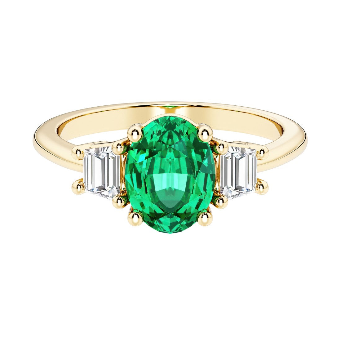 3 stone oval engagement ring with elegant proportions with green gemstone and diamonds.