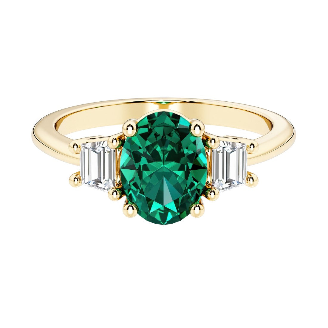 3 stone oval engagement ring with elegant proportions with green gemstone and diamonds.