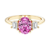 3 stone oval engagement ring with elegant proportions with pink gemstone and diamonds.