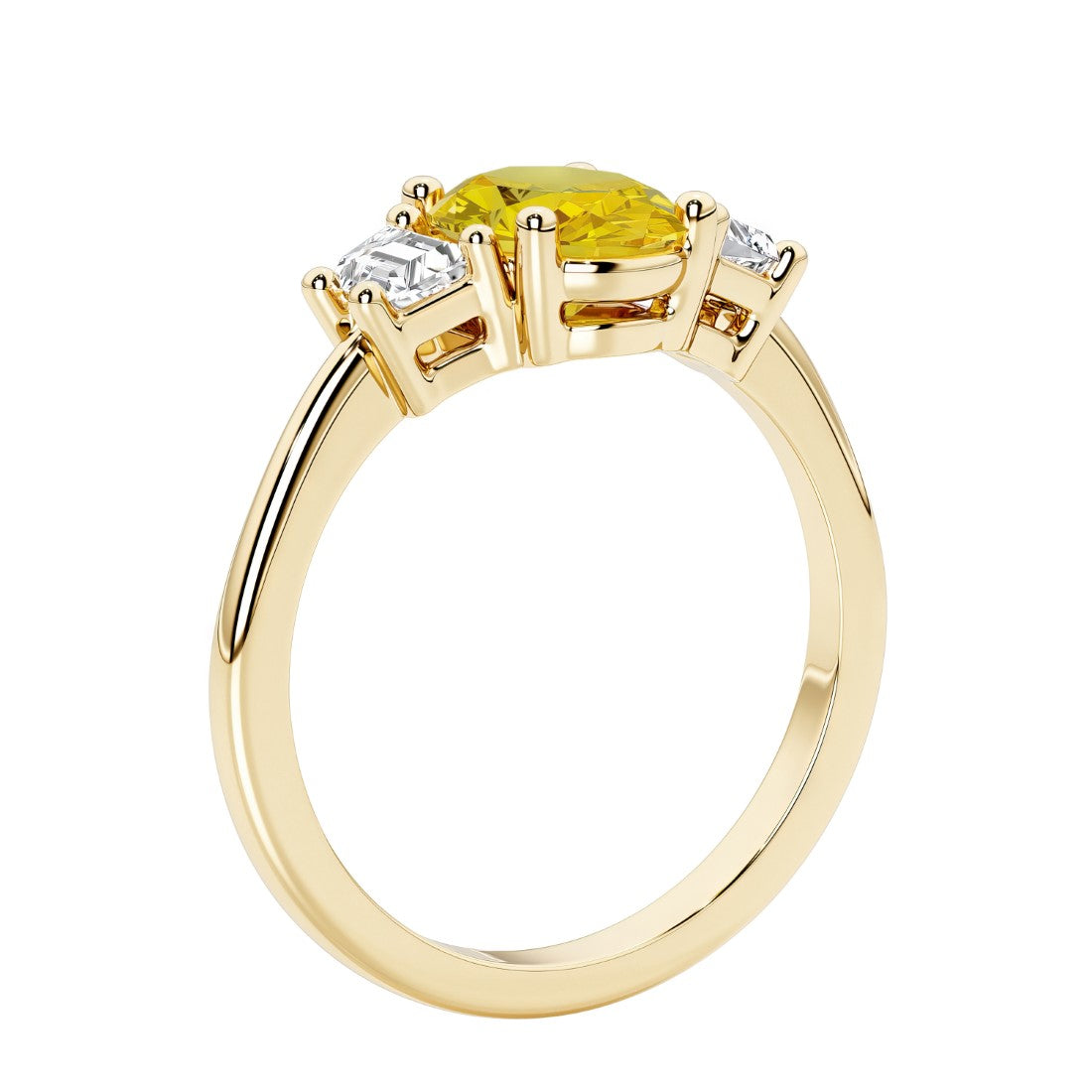 3 stone wedding ring with oval center yellow gemstone and diamond side stones.