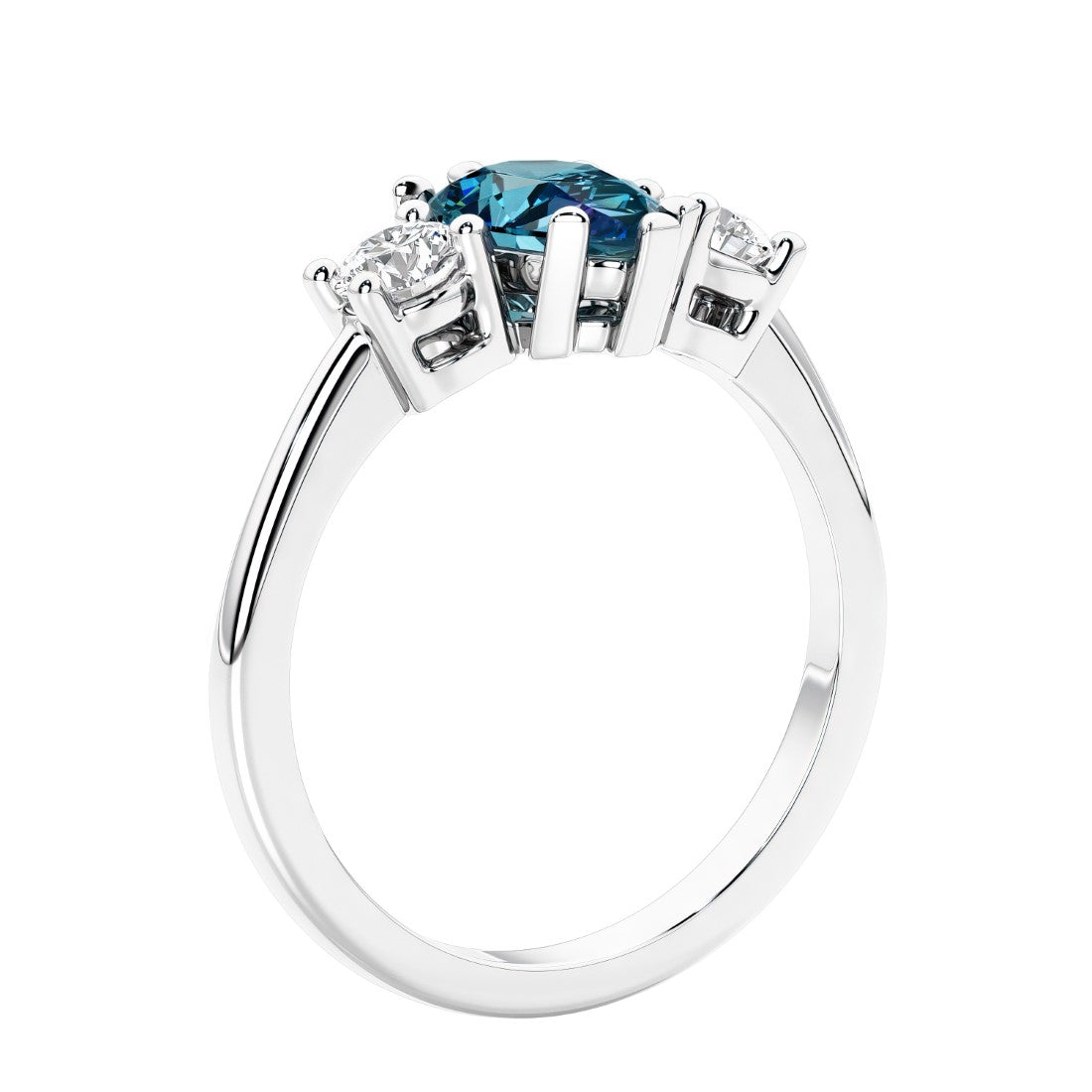 3 stone diamond engagement ring with pear shaped center in white gold.