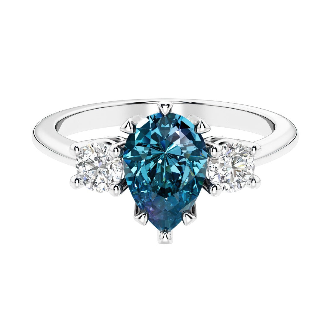 3 stone pear diamond ring set in a delicate band.