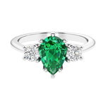 Colombian Green Emerald 3 stone pear diamond ring set in a delicate band.