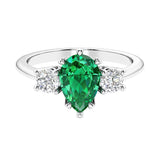 Colombian Green Emerald 3 stone pear diamond ring set in a delicate band.