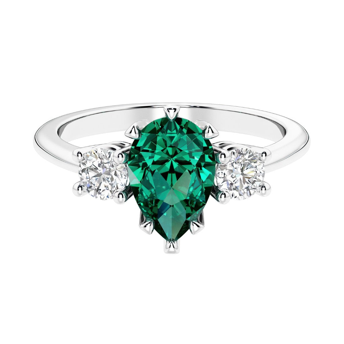 Green Emerald 3 stone pear diamond ring set in a delicate band.
