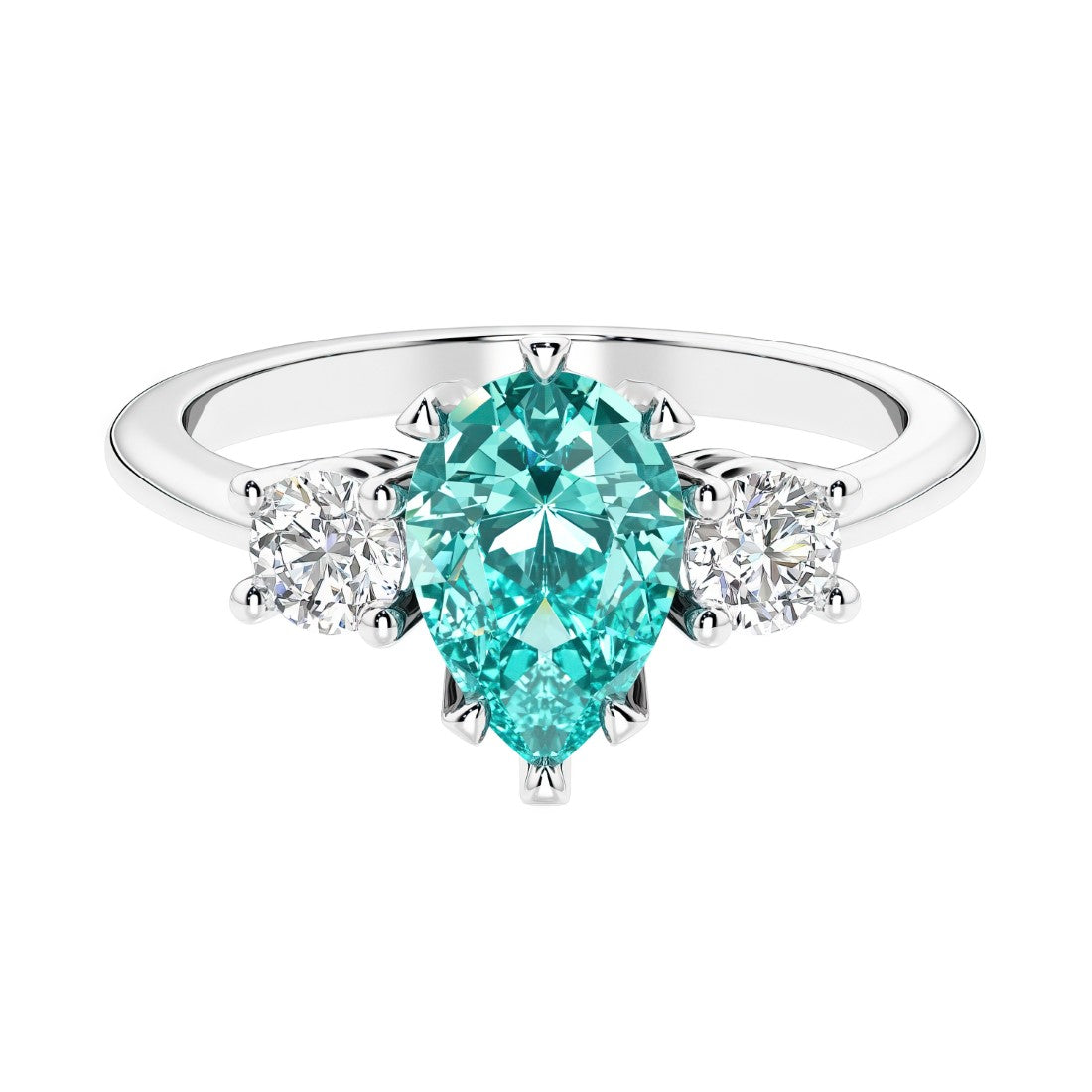 Paraiba Green Tourmaline 3 stone pear diamond ring set in a delicate band.