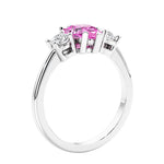 3 stone diamond engagement ring with pear shaped center in white gold featuring Pink Sapphire.