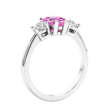 3 stone diamond engagement ring with pear shaped center in white gold featuring Pink Sapphire.