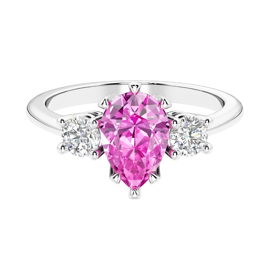 Pink Sapphire 3 stone pear diamond ring set in a delicate band.