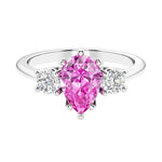 Pink Sapphire 3 stone pear diamond ring set in a delicate band.