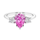 Pink Sapphire 3 stone pear diamond ring set in a delicate band.