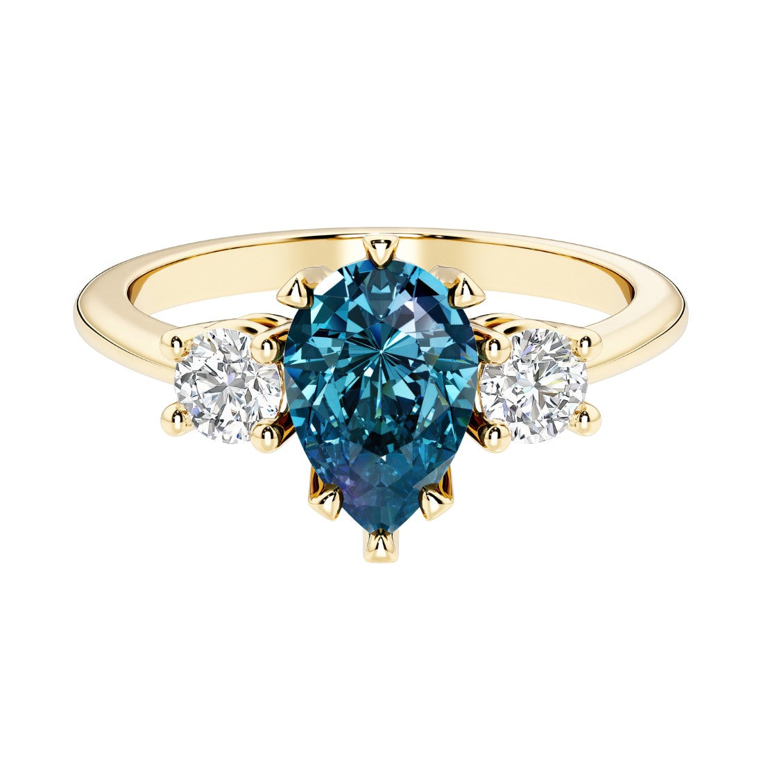 Pear shaped 3 stone engagement ring with elegant diamond side stones.