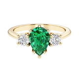 Colombian Green Emerald pear shaped 3 stone engagement ring with elegant diamond side stones.