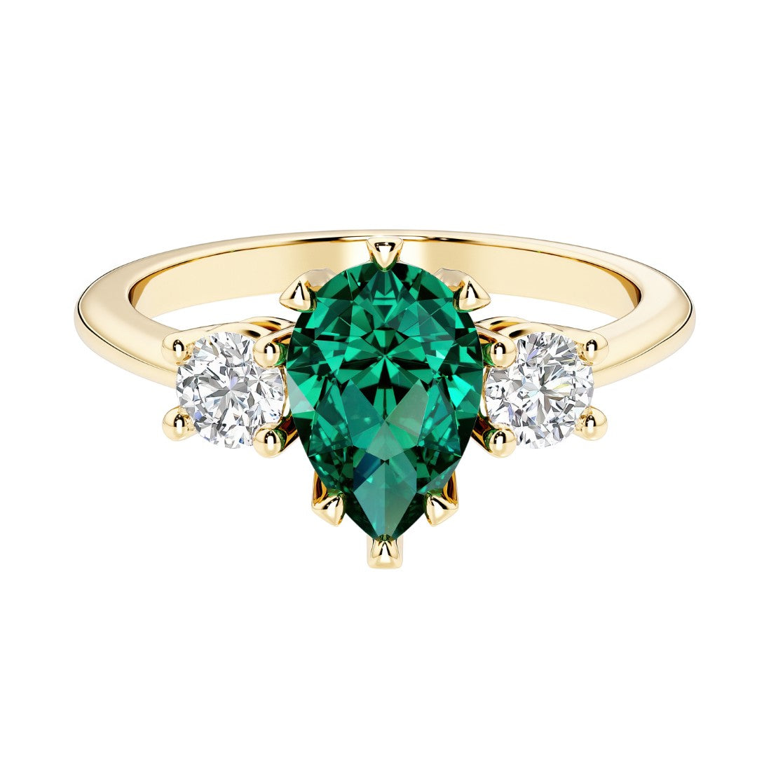 Green Emerald pear shaped 3 stone engagement ring with elegant diamond side stones.