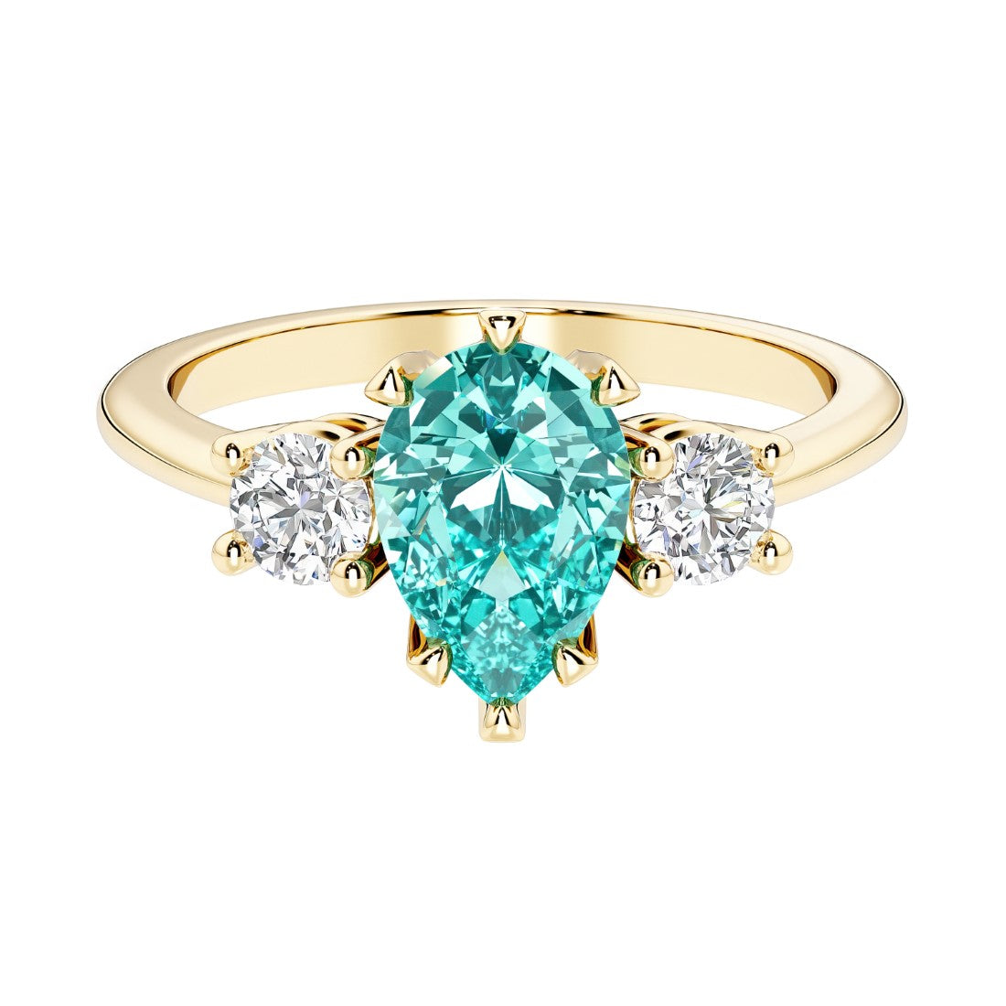 Paraiba Green Tourmaline pear shaped 3 stone engagement ring with elegant diamond side stones.