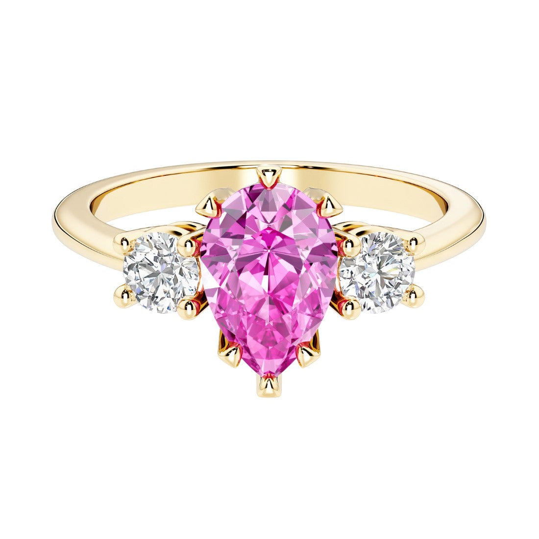 Pink Sapphire pear shaped 3 stone engagement ring with elegant diamond side stones.